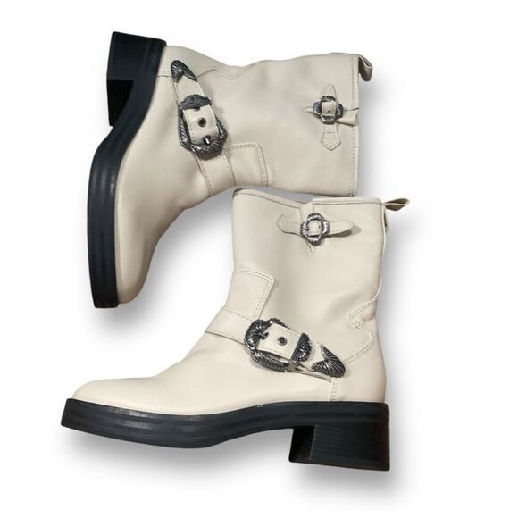 Larroudé Cream Leather Hardy Motorcycle Boots Western Concho Style Buckles 8.5 - Picture 4 of 13